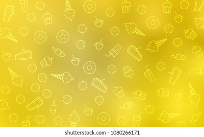 Light Yellow vector layout with sweet desserts. Beautiful colored illustration with candies in doodle style. Doodle design for your business advert of cafes.