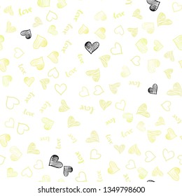 Light Yellow vector seamless backdrop with phrase LOVE YOU, hearts. Illustration with words of love, hearts in abstract style. Texture for window blinds, curtains.