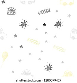 Light Yellow vector seamless background in xmas style. Colorful illustration with a toy car, baloon, candy, star, ball. Template for new year postcards.