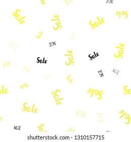 Light Yellow vector seamless background with 30, 50, 70 % signs of sales. Colored words of sales with gradient on white background. Design for business ads, commercials.