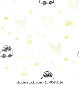 Light Yellow vector seamless background with xmas attributes. Illustration with a colorful toy car, heart, baloon, tulip, candy, ball. Design for colorful commercials.