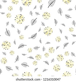 Light Yellow vector seamless doodle pattern with leaves, flowers. Abstract illustration with leaves, flowers in doodles style. Pattern for design of fabric, wallpapers.