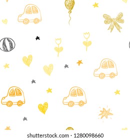Light Yellow vector seamless layout with new year gifts. Illustration with a colorful toy car, heart, baloon, tulip, candy, ball. Pattern for carnival, festival ads.