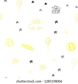 Light Yellow vector seamless layout in new year style. Colorful illustration with a toy car, baloon, candy, star, ball. Pattern for new year ads.