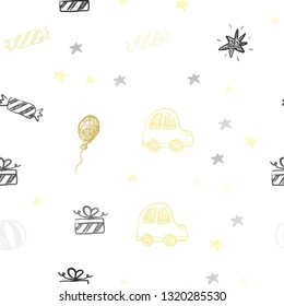 Light Yellow vector seamless layout in new year style. Abstract illustration with a toy car, baloon, candy, star, ball. Pattern for birthday gifts.