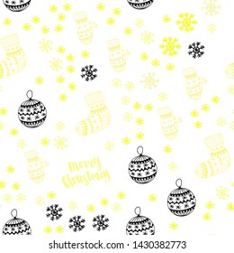 Light Yellow vector seamless layout with bright snowflakes, balls, socks, mittens. Glitter abstract illustration with gradient. Pattern for trendy fabric, wallpapers.
