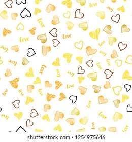 Light Yellow vector seamless pattern with phrase LOVE YOU, hearts. Illustration with words of love, hearts in abstract style. Design for textile, fabric, wallpapers.