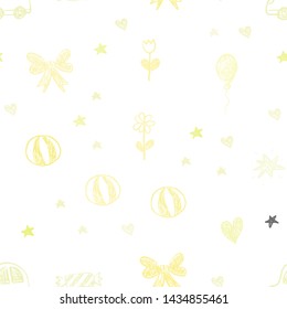 Light Yellow vector seamless pattern with christmas toys. Design in xmas style with a toy car, heart, baloon, tulip, candy, ball. Pattern for new year ads.