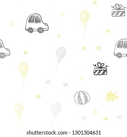 Light Yellow vector seamless template in carnival style. Colorful illustration with a toy car, baloon, candy, star, ball. Template for new year postcards.