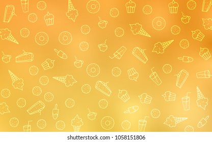 Light Yellow vector template with sweet snacks. Confections on blurred abstract background with colorful gradient. Pattern for ad, booklets, leaflets of restaurants.