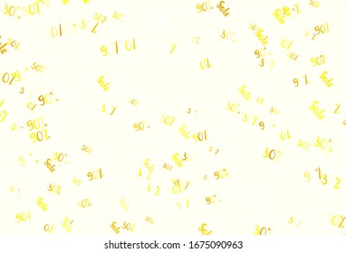 Light Yellow vector texture with selling prices 30, 50, 90 %. Colored words of sales with gradient on white background. Template for season sales, shopping ads.