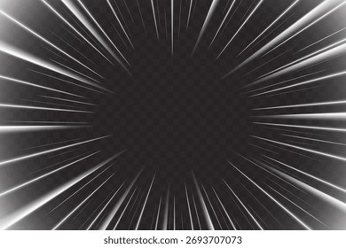 Light zoom speed effect with radial lines on dark background. Dynamic motion burst with perspective tunnel illusion from center, white energy rays for comic book action or technology design backdrop