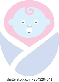 A light-blue baby, with a surprised expression, is wrapped in a light-pink and light-blue swaddle.


