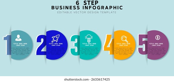 Light-Blue Background 6-Step Business Infographic, Offset Layout with Cut-Out Dividers