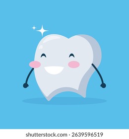 Light-blue background features a cartoon tooth character with a happy expression.  The tooth has a simple design and is light gray.  The tooth has arms and pink blush on its cheeks.