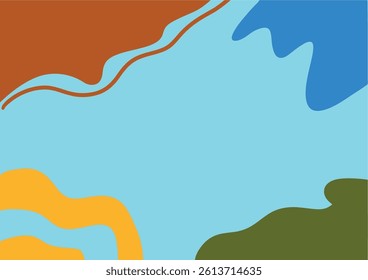 A light-blue background is filled with various organic, irregular shapes of different colours. There are roughly blob-like shapes of muted tones of brown, blue, yellow, and olive-green. The shapes