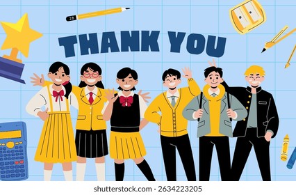A light-blue background with a grid pattern. Education student life study habits.The words THANK YOU are centrally located, in bold navy blue letters.