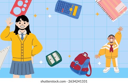 Um plano de fundo azul-claro com um padrão de grade.incluindo um triângulo de desenho, uma calculadora, um bloco de anotações, uma caixa de lápis e uma mochila borgonha. Educação, ambos estão sorrindo e parecem ser estudantes.