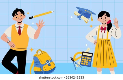 Um plano de fundo azul-claro com um padrão de grade.incluindo um triângulo de desenho, uma calculadora, um bloco de anotações, uma caixa de lápis e uma mochila borgonha. Educação, ambos estão sorrindo e parecem ser estudantes.