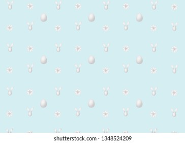 light-blue background with white and grey eggs, flowers and bunny ears