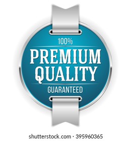 Light-blue premium quality badge, button with silver border on white background