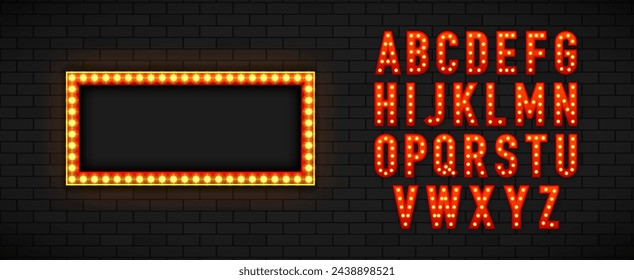 Leuchtpult und Alphabet. Marquee Leuchtkasten Billboard mit Glühbirne Schriftart für Vorlage auf der Wand Hintergrund. Konzept von Broadway und Show. Vektorgrafik.