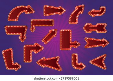 Lightbox arrows. Marquee signage pointers frame, retro signboard with bulb light lamp signs vintage neon billboards direction pointer arrow banner cartoon kicky vector illustration