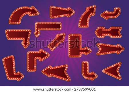 Lightbox arrows. Marquee signage pointers frame, retro signboard with bulb light lamp signs vintage neon billboards direction pointer arrow banner cartoon kicky vector illustration