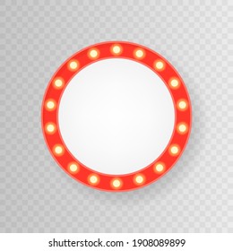 Lightbox billboard with empty transparent background. Retro round bulb frame with space for advertisement, promotion and text. Vector illustration.