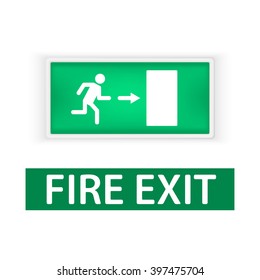 Lightbox with the emergency exit sign, and a sign in the fire Out, indicating the direction of exit in case of fire. Fire protection signs. Isolated on white background.