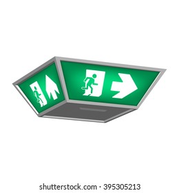Lightbox with emergency exit signs indicating the direction of exit in case of danger. Isolated on white background.