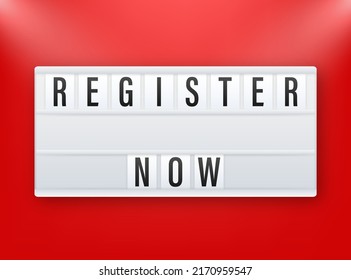 Lightbox label with register now. Megaphone banner. Web design. Vector stock illustration