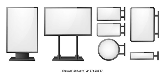 Lightbox layouts in different forms. Signboard for advertising. Realistic city format billboards. Vector illustration.