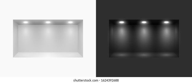 Lightbox with spotlight in wall. Black and gray background for exhibition. Realistic stage or studio, showroom illumination. Blank and empty template. Interior platform with projector. Softbox
