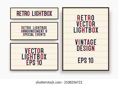 Banner retro vector Lightbox conjunto de banner de diferente tamaño de alta calidad, valla vintage o cartelera brillante con letras cambiables sobre fondo de fondo. 10 pasos