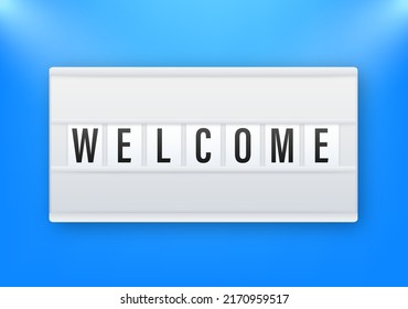 Lightbox welcome text with hand holding placard for banner design. Banner, Billboard design. Vector stock illustration.