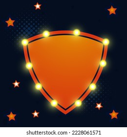 Lightbox with a yellow light bulb. Shield shape nameplate mockup Orange commercial announcement banner with lights.