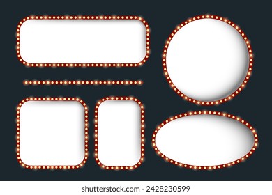 Lightboxes of different shapes. Empty white background, retro light bulbs. Cinema, show, shine, frame, advertising, backlight, attract attention, bright, festive, carnival. Vector illustration