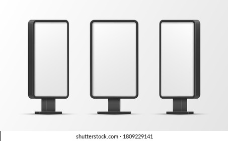 Lightboxes vertical empty mockups set. Screen, placard illuminated outdoor templates. Advertisement space. Three quater, front view. Place for text. Vector lightboxes collection isolated on white.