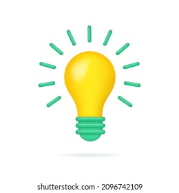 Lightbulb 3D icon isolated on white. Light bulb sign with shadow. Business strategy or cretive idea concept. Cartoon realistic style minimal. Vector illustration.