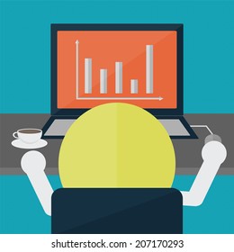 lightbulb analysis graph and drink a coffee as the same time,relax activity, flat style