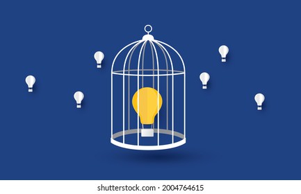 Lightbulb balloon floating in cage, Intellectual property, Business problem, Concept inspiration business