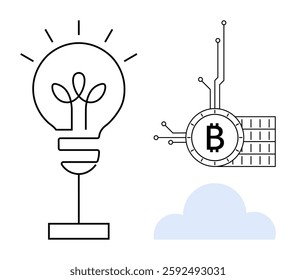 A lightbulb and Bitcoin symbol next to a cloud, representing innovation, cryptocurrency, and tech advancements. Ideal for tech innovation, fintech, cryptocurrency education, cloud technology