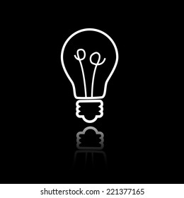 Lightbulb. Black and white icon. Mirror reflection shadow. Vector illustration.