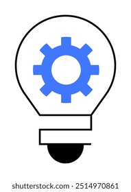 Bombilla con un símbolo de engranaje azul en el interior. Ideal para la innovación, la creatividad, la tecnología, las ideas, los temas de ingeniería. Estilo limpio y minimalista para un uso versátil en varios contextos de diseño.