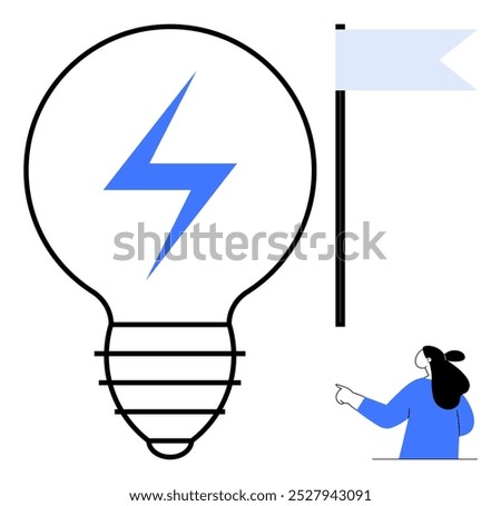 Lightbulb with blue lightning bolt, blue flag, and woman pointing. Ideal for innovation, creativity, idea generation, goals, business strategy. Minimalist modern vector with black, blue, white