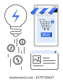 Lightbulb with a blue spark, coins, smartphone shopping cart with notifications, and a website preview. Ideal for online shopping, e-commerce, innovation, digital marketing, and technology. Simple