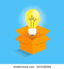 Lightbulb in the box. Business idea concept with symbol of ideas - glowing lightbulb isometric style design isolated on light blue background.