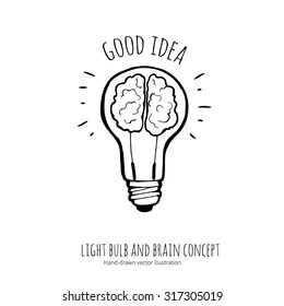 Lightbulb  and brain. Idea concept. Hand-drawn illustration.