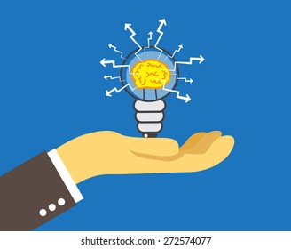 lightbulb with brain inside, on the palm, vector